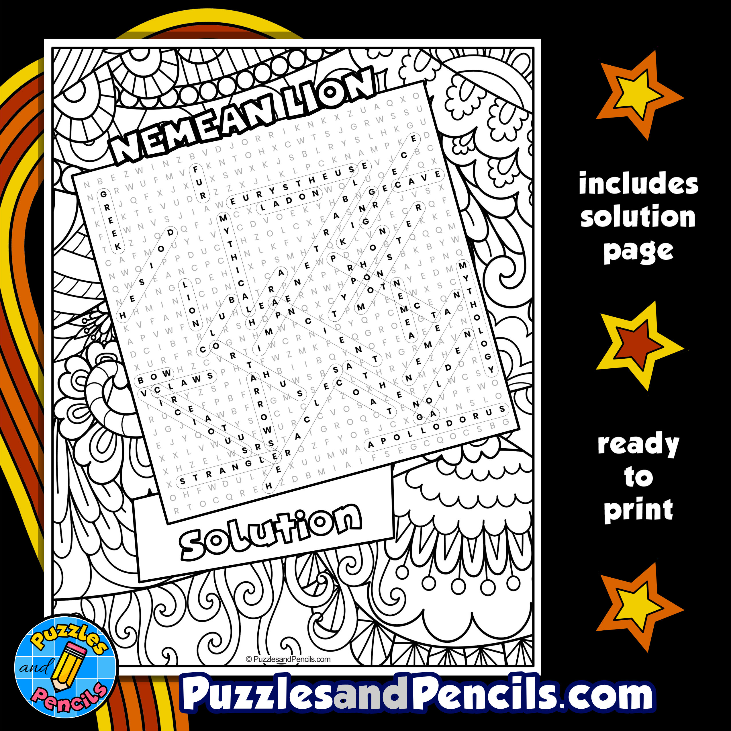 Nemean lion word search puzzle with coloring greek mythology wordsearch made by teachers