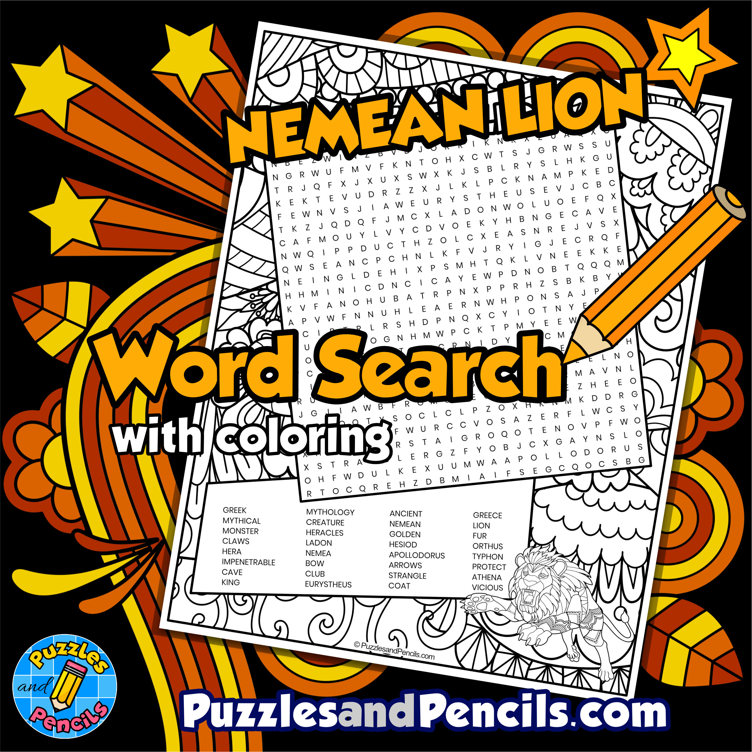 Nemean lion word search puzzle with coloring greek mythology wordsearch made by teachers