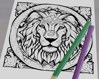 Majestic lion coloring page downloadable pdf to color in adult coloring child coloring mindfulness animal decorative digital