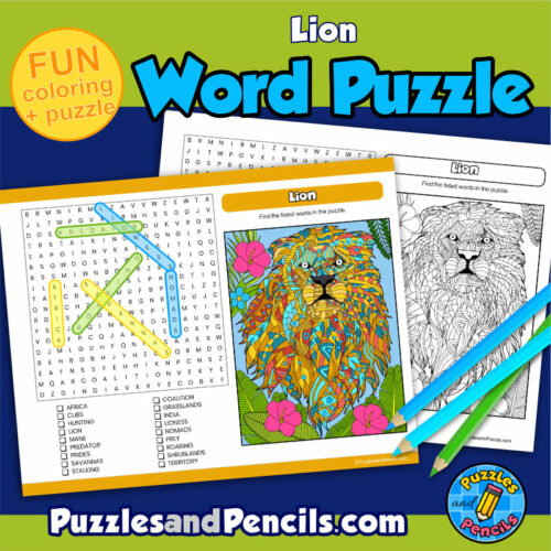 Lion word search puzzle activity page and coloring wordsearch made by teachers