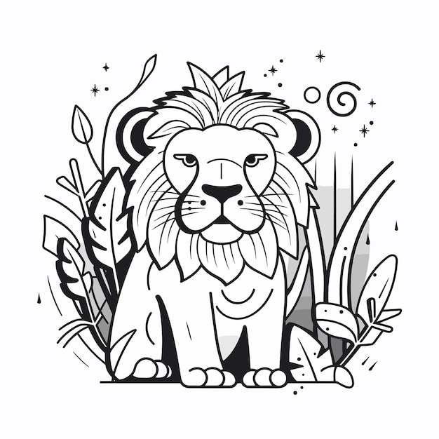 Premium photo sketch hand drawn single line art coloring page line drawing lion in jungle day