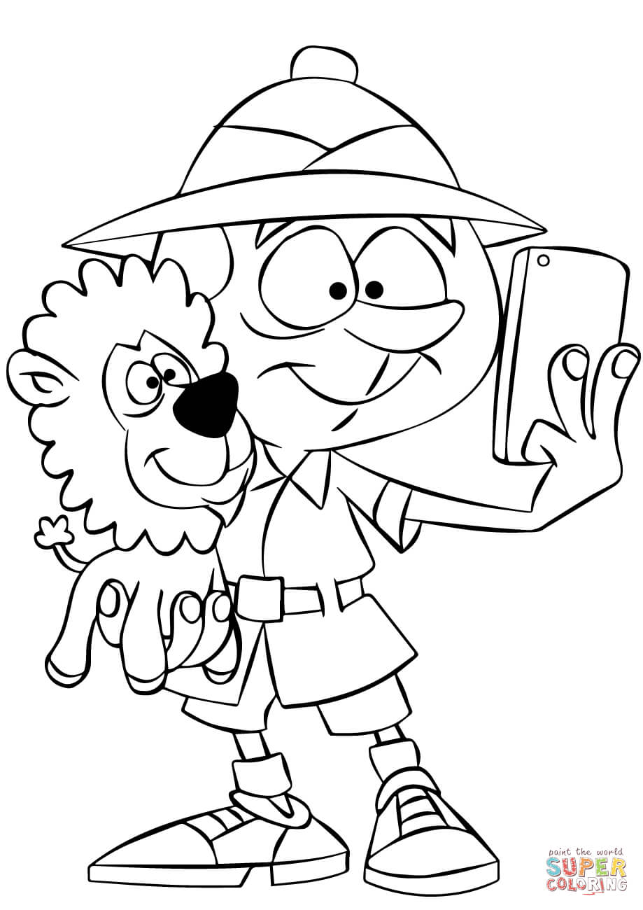 Safari man taking selfie with lion coloring page free printable coloring pages