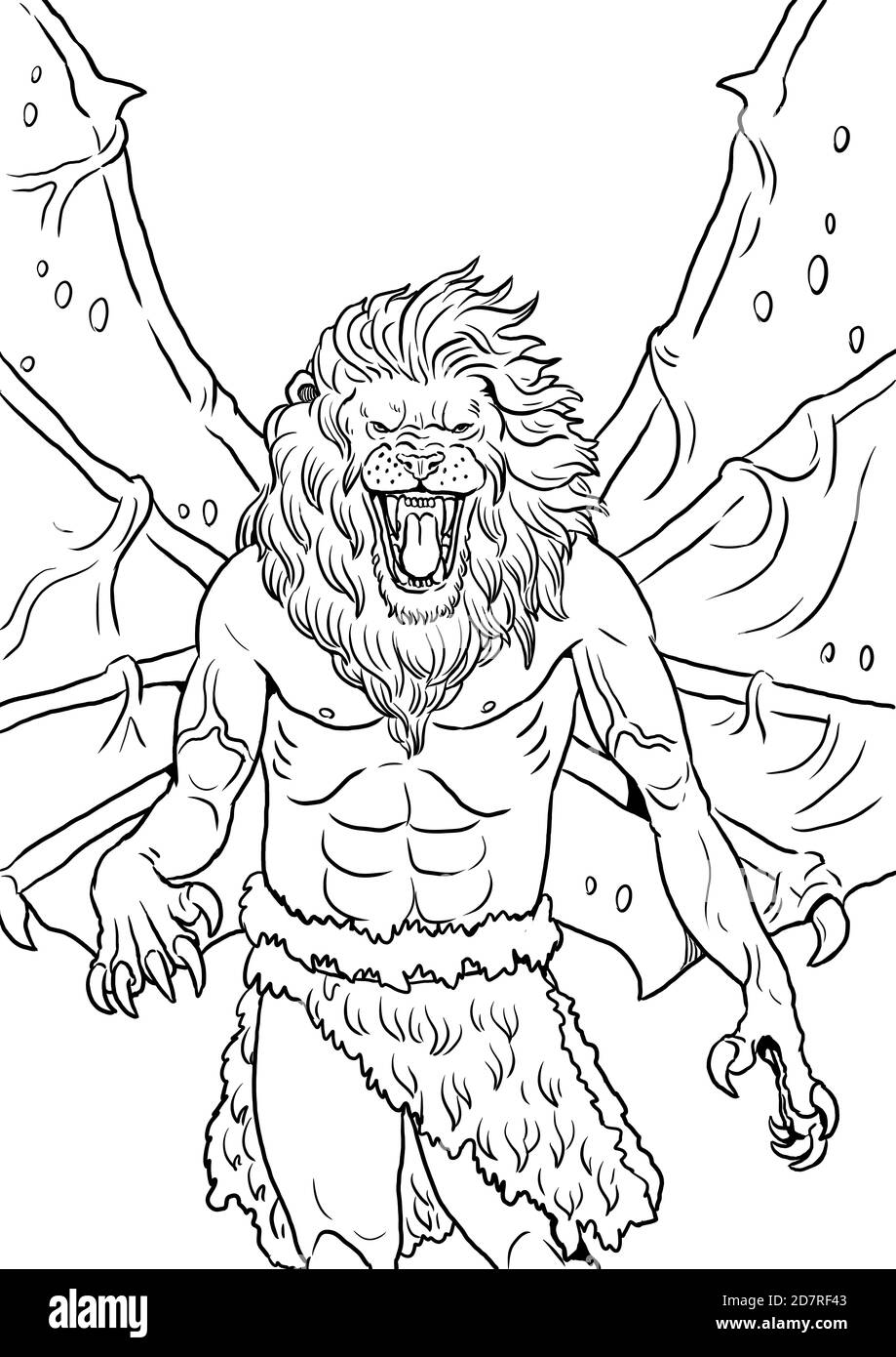 Fantasy mutant drawing lion man with wings coloring template stock photo