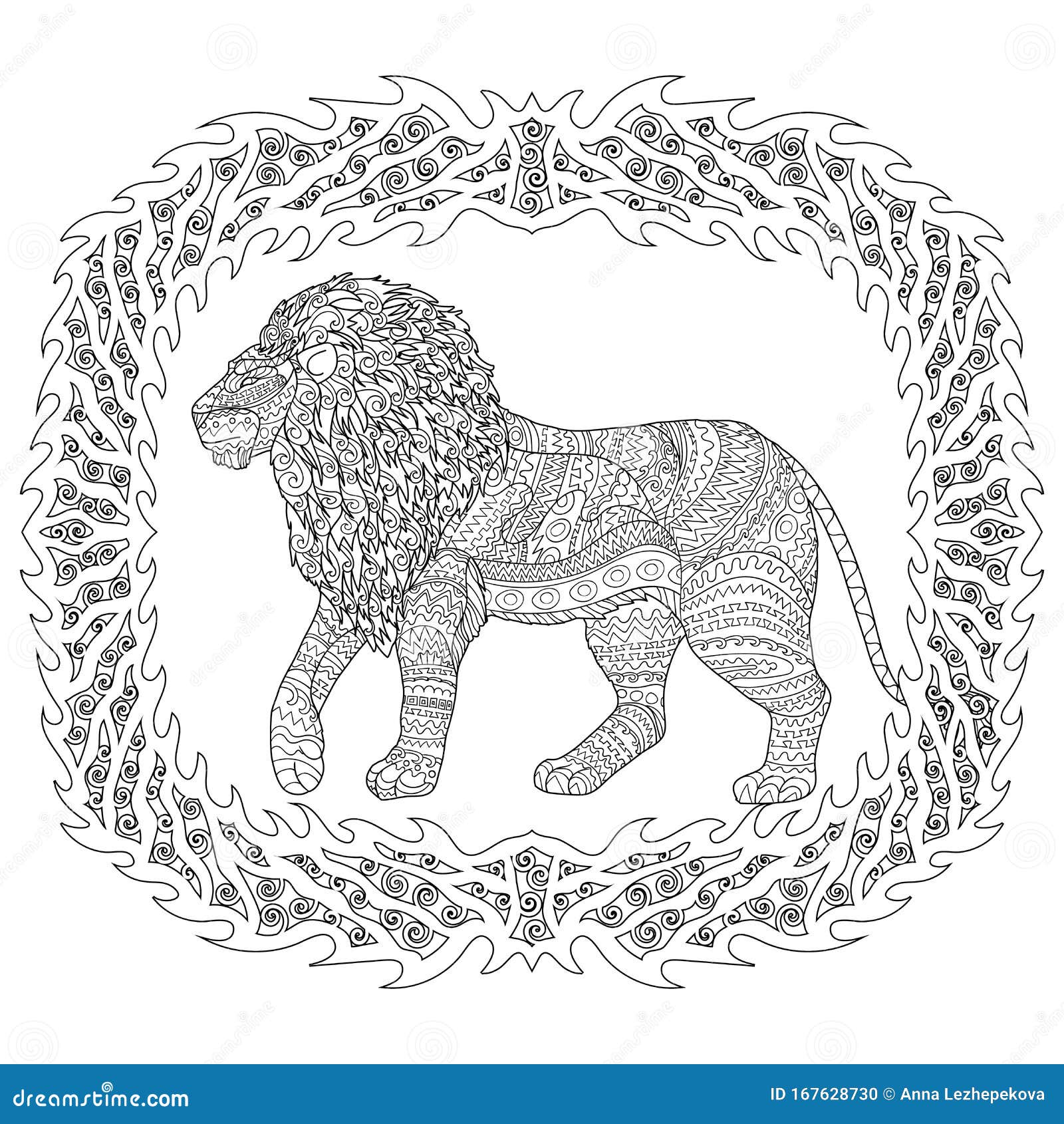 Adult coloring page for antistress with lion stock vector