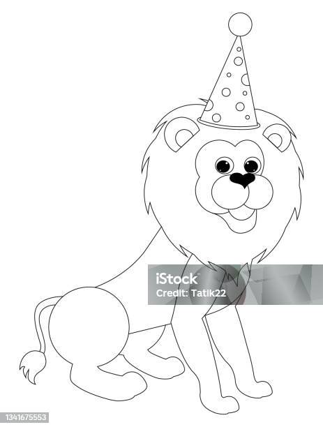 Beautiful and cheerful lion coloring book page template for children stock illustration