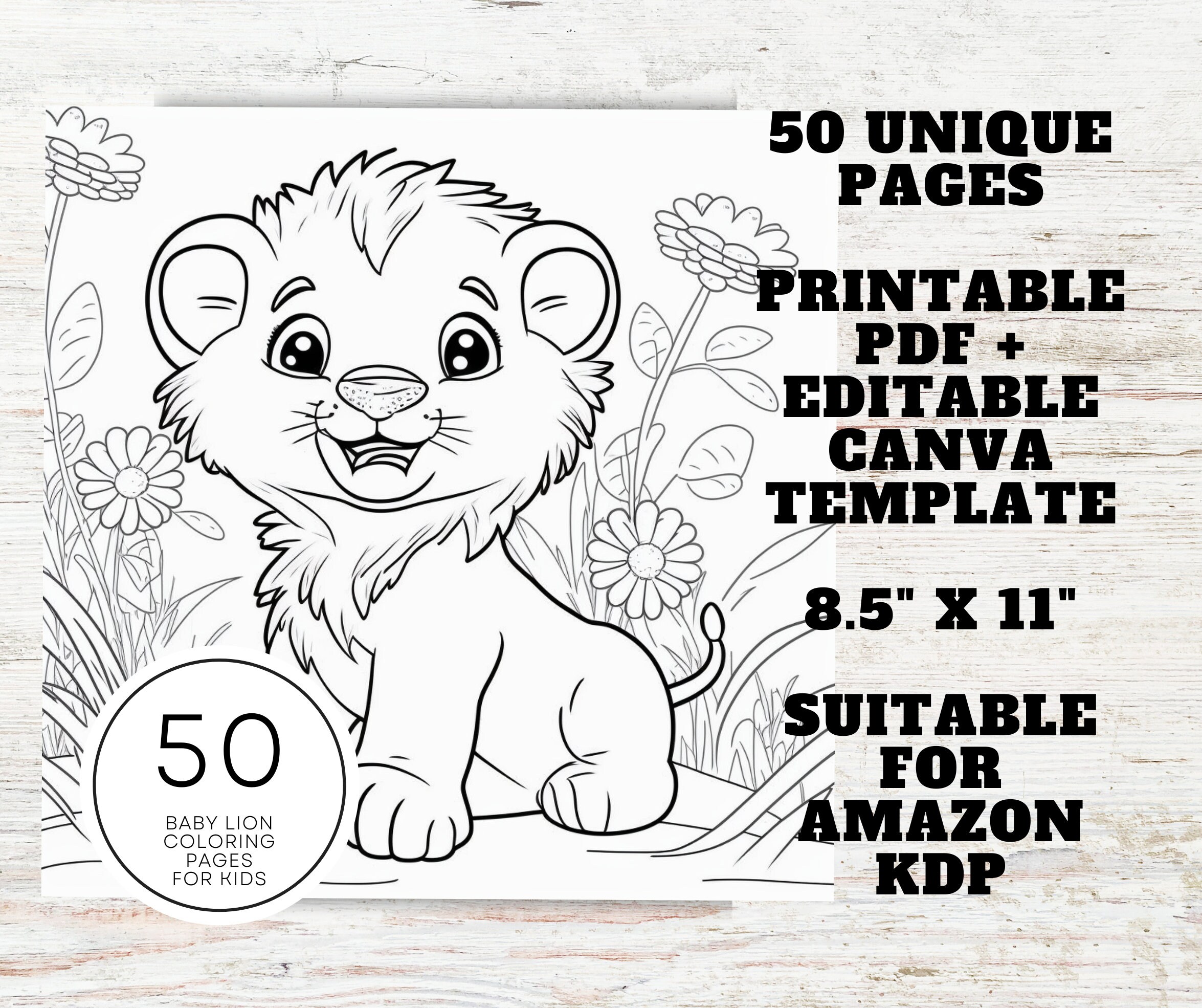 Kdp interior baby lion coloring pages for kids x printable pdf canva template kids coloring book mercial use