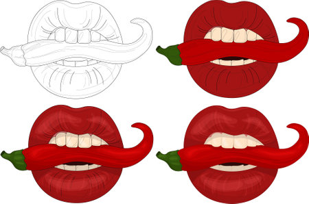 Realistic colorful lips and red hot pepper sketch template set cartoon vector illustration in bright red colors and black and white for games pattern wallpaper coloring paper page story book ù ùùø øªøµù ùù ù