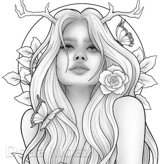 Printable coloring page fantasy character girl floral portrait