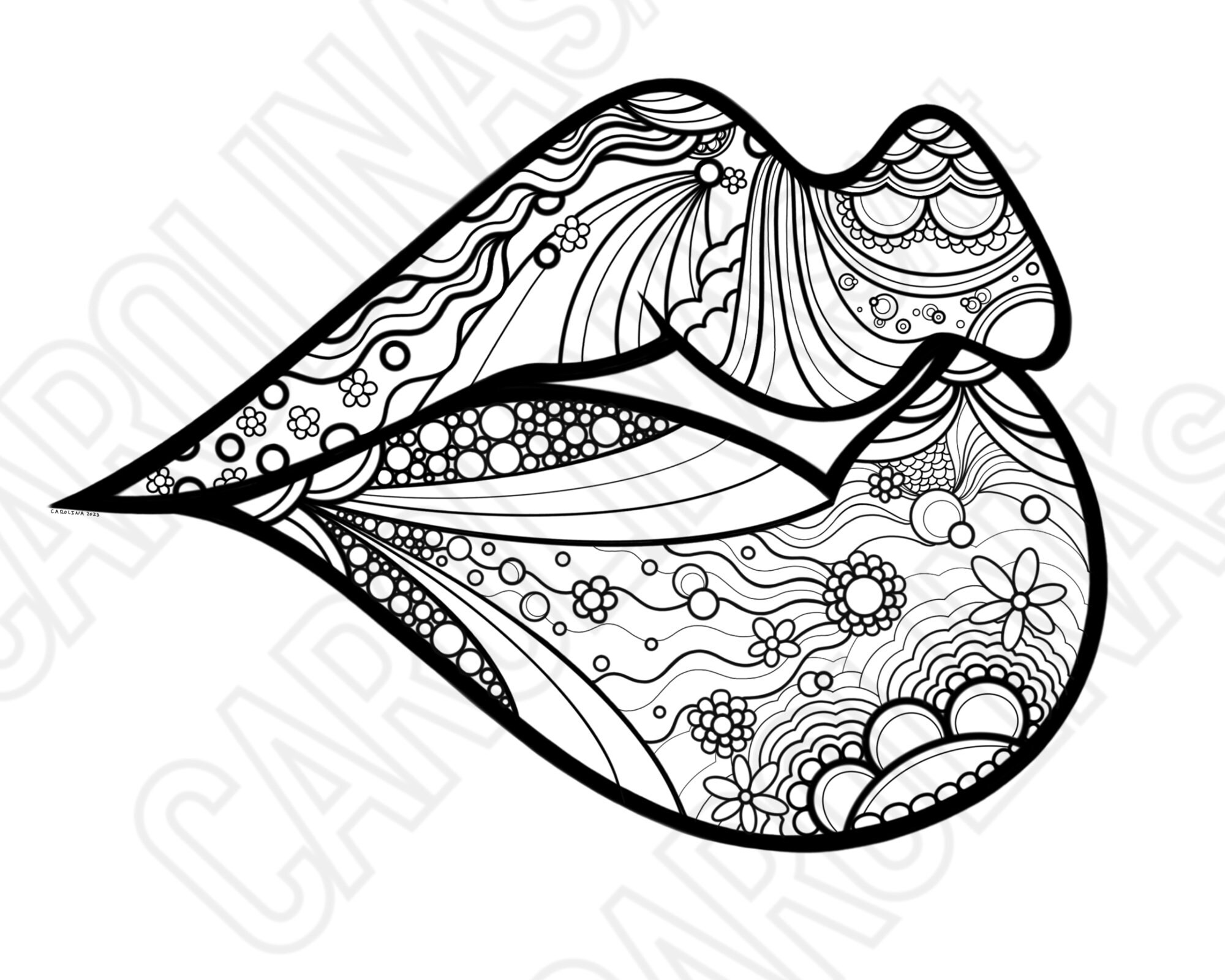 Whimsical lips coloring page psychedelic art prints geometrical and interesting illustration x digital download print