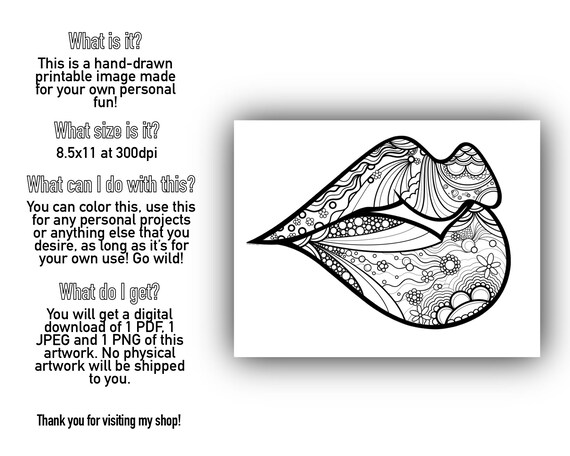 Whimsical lips coloring page psychedelic art prints geometrical and interesting illustration x digital download print