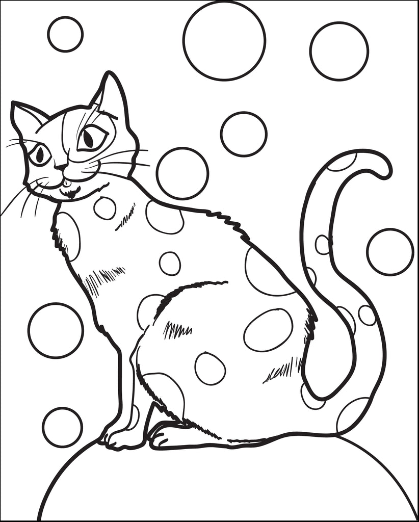 Cat sitting on a seat with bubbles around it coloring page for kids â