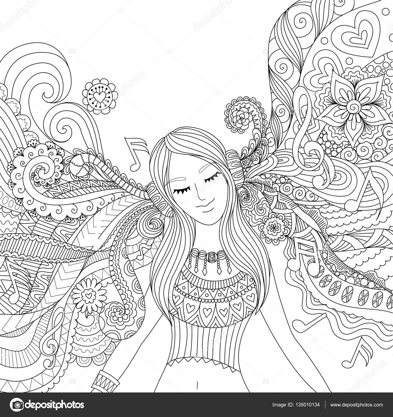 Girl listen to music adult coloring book stock vector by somjaicindygmail