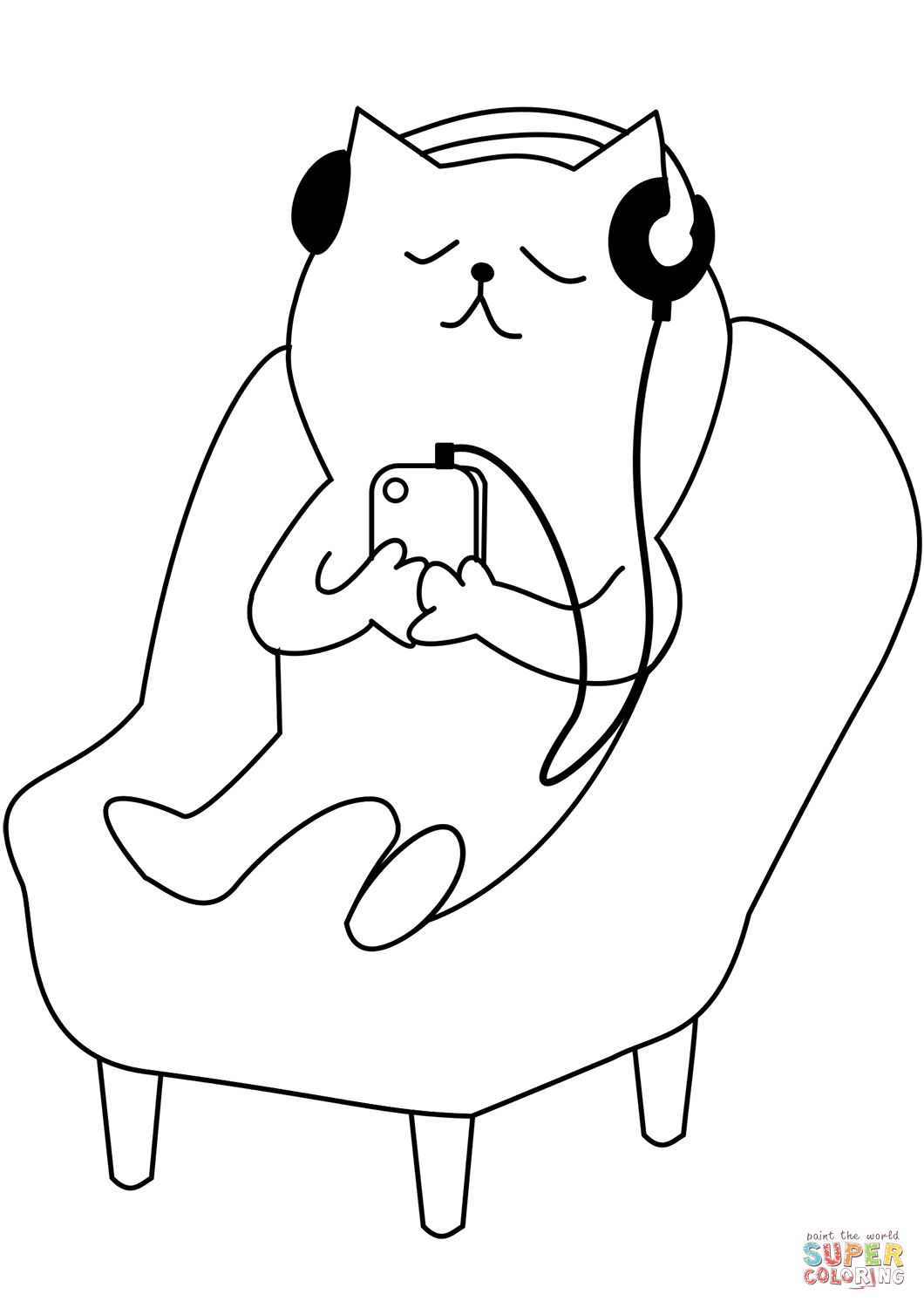 Cat listening to music coloring page free printable coloring pages