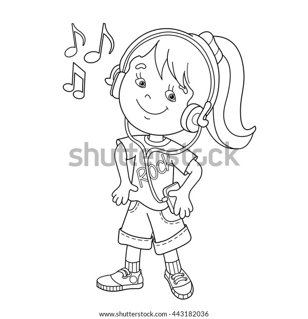 Coloring page outline cartoon girl headphones stock vector royalty free