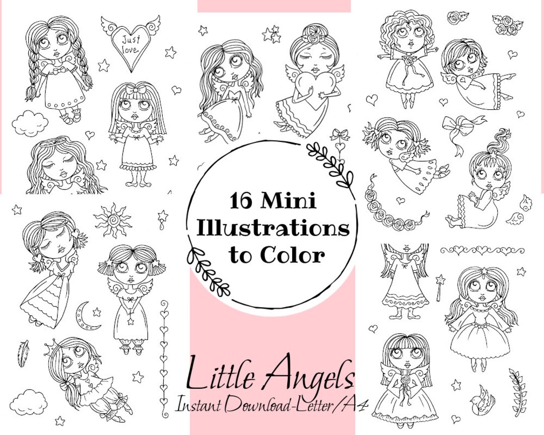 Little angels mini illustrations to color tiny images pages coloring set coloring fun for all ages instant download