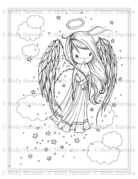 Little angel in the clouds and stars coloring page printable instant download downloadable all ages chrismas