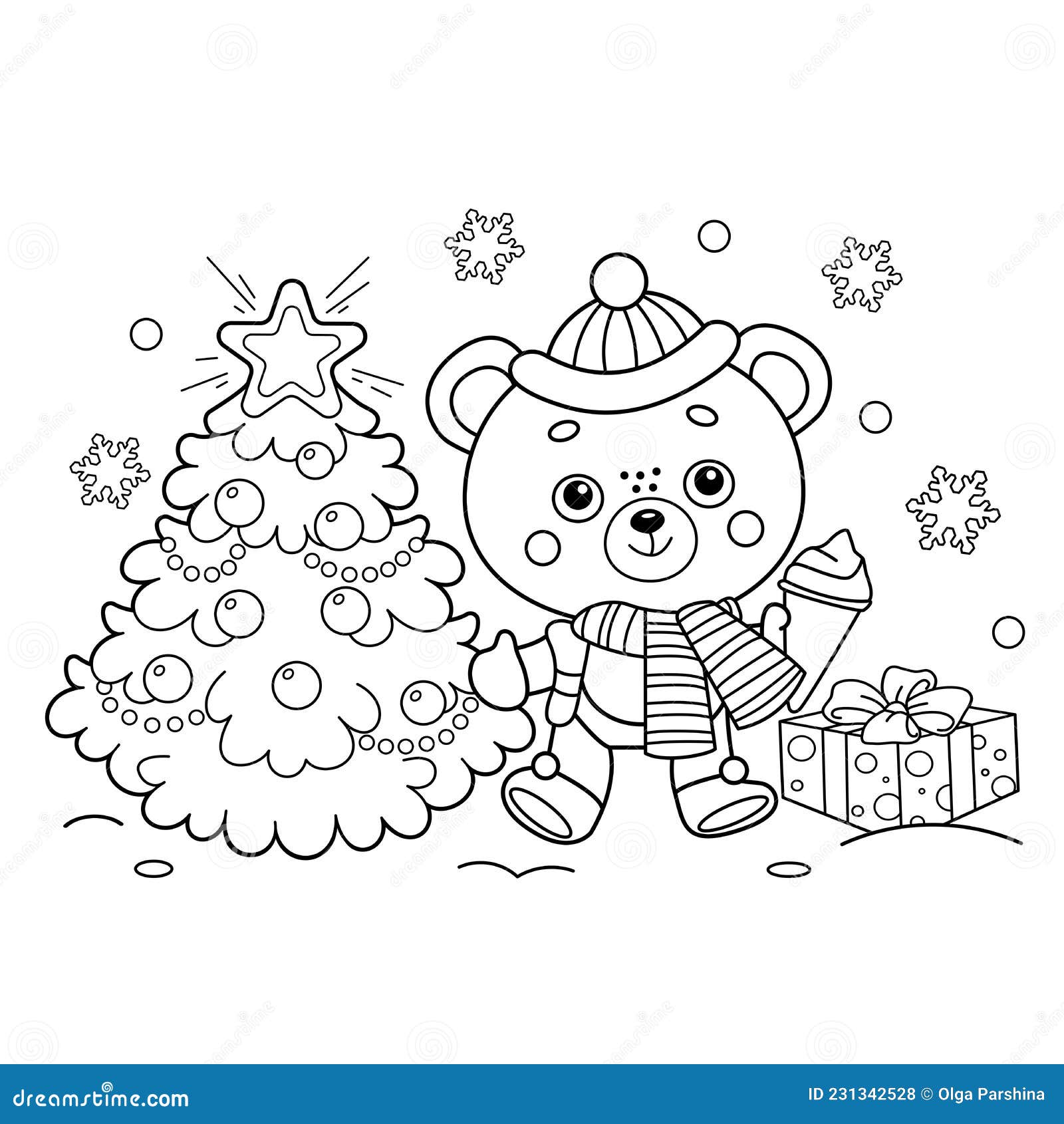 Coloring page outline of little bear with christmas tree new year christmas stock vector