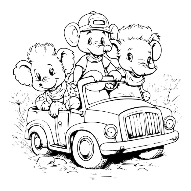 Premium vector animals riding a car coloring pages drawing for kids