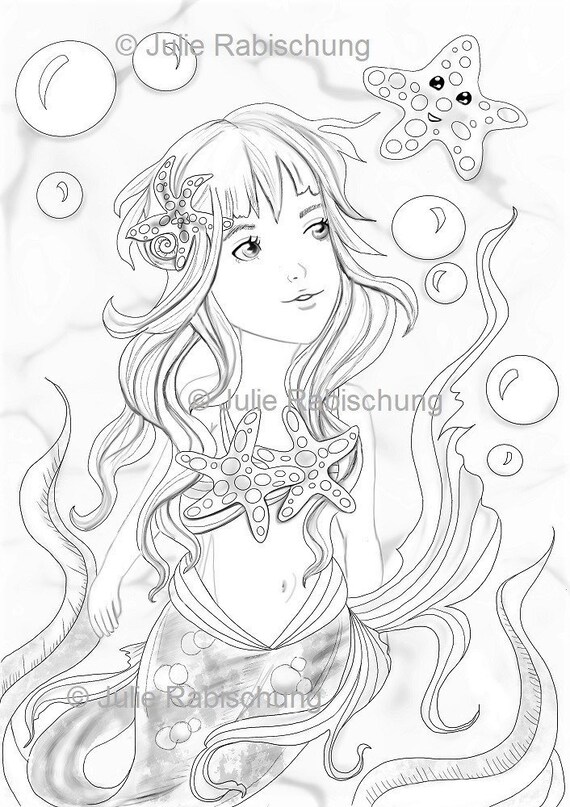Printable mermaid coloring page mermaid coloring pagemermay coloring pagestarfish mermaidinstant downloadadult coloringcute mermaid