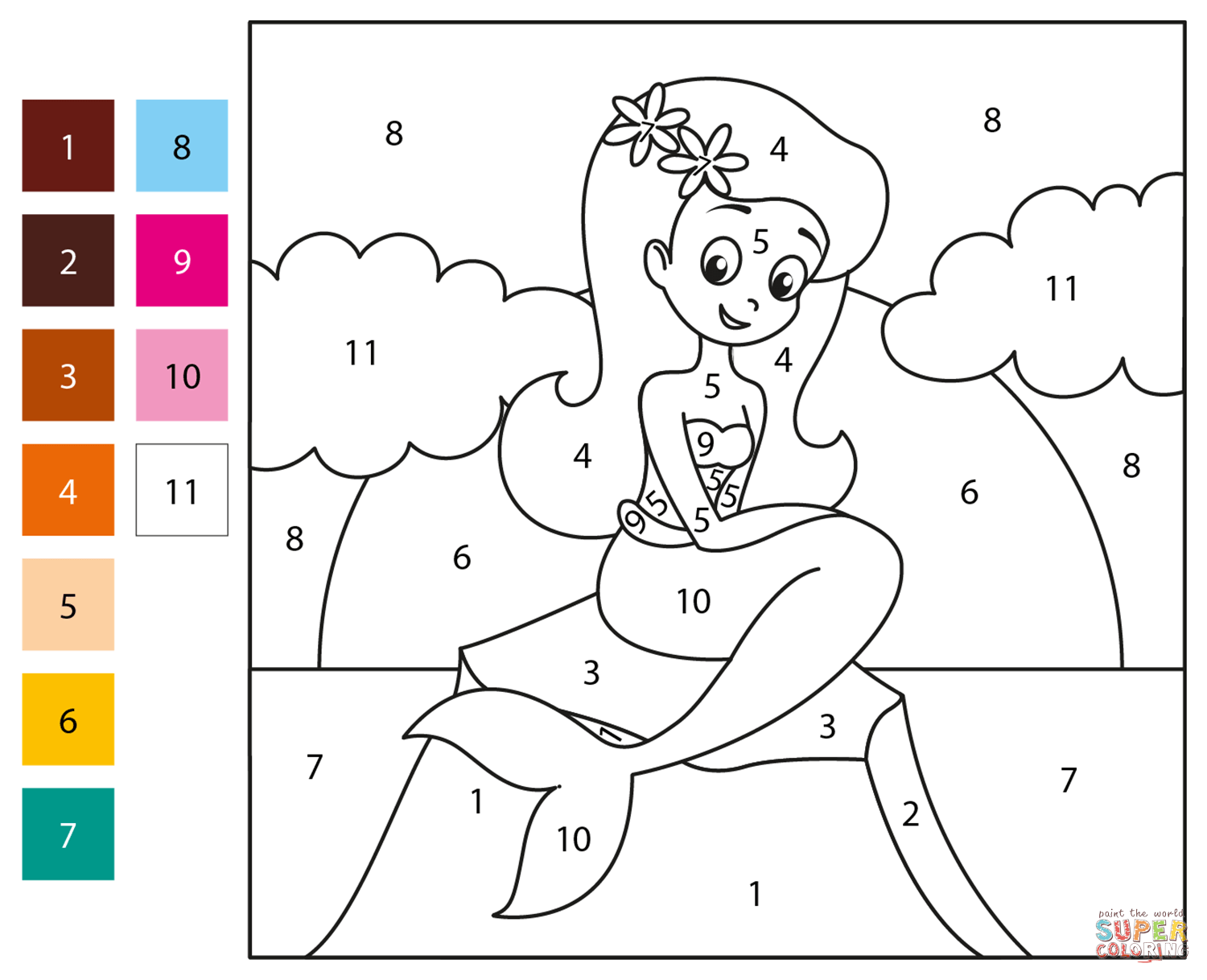 Mermaid color by number free printable coloring pages