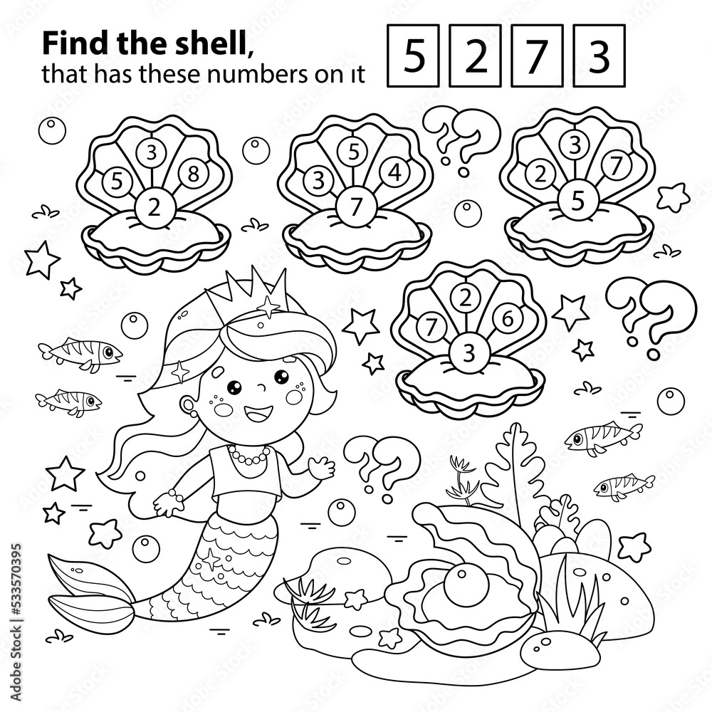 Math game puzzle for kids coloring page outline of cartoon beautiful little mermaid marine princess underwater world coloring book for children vector