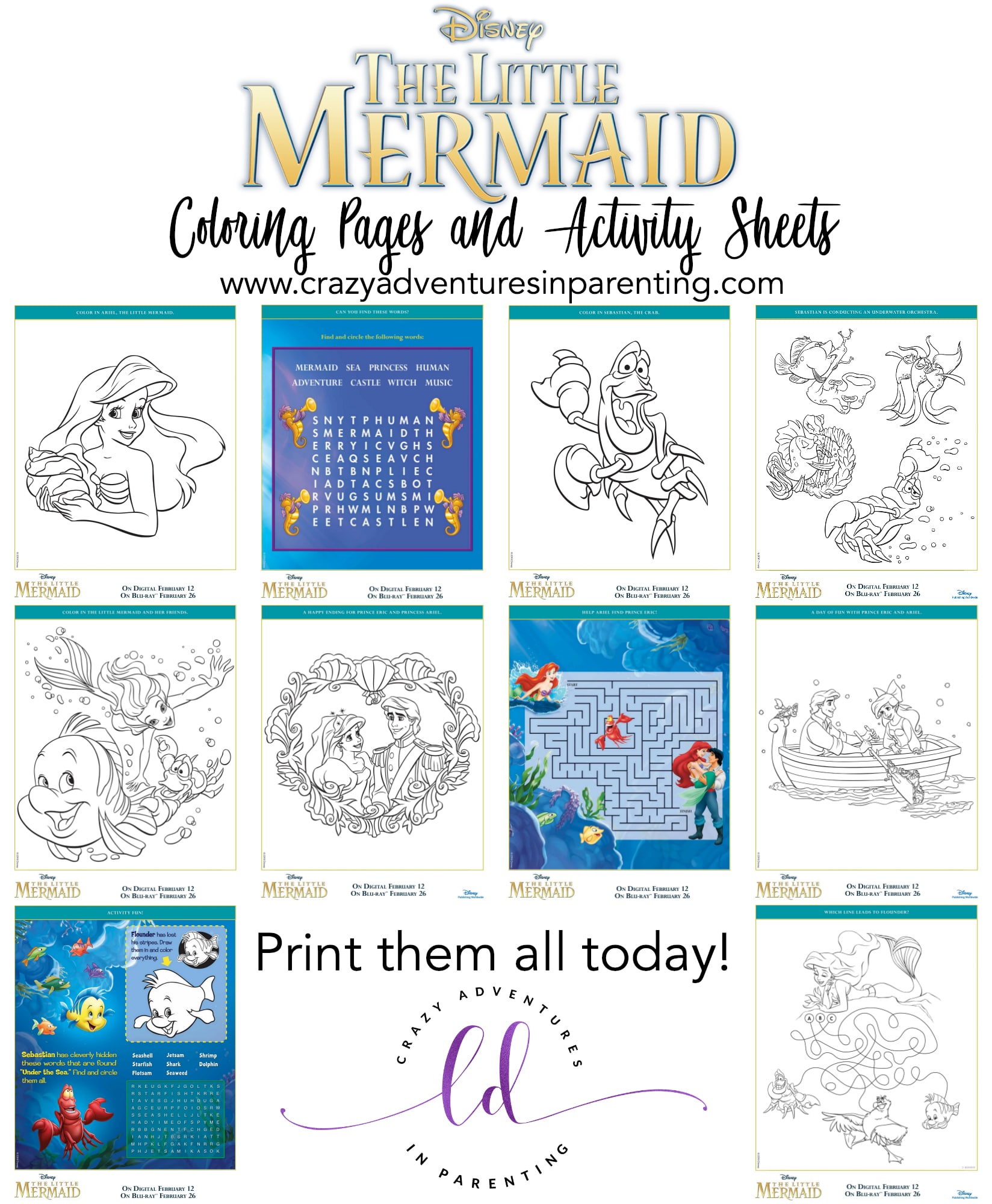 The little mermaid coloring pages and activity sheets crazy adventures in parenting