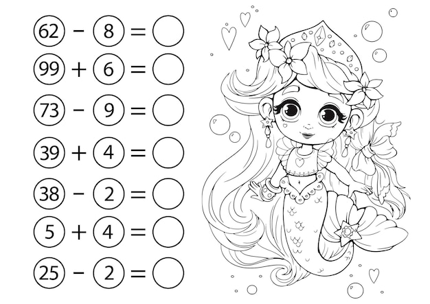 Premium vector childrens math game subtraction and addition of numbers coloring book with cute little mermaid