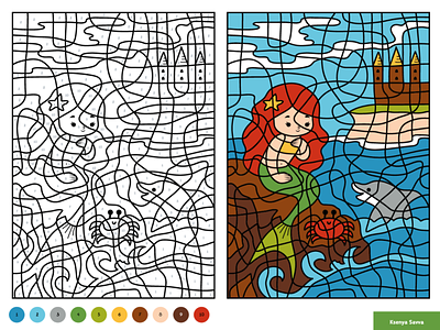 Little mermaid color by number education game for children by ksenya savva on