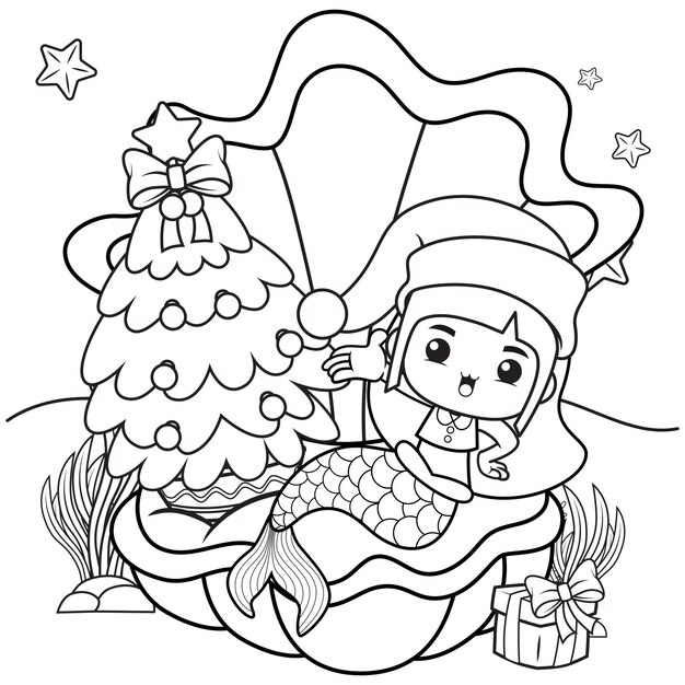 Premium vector christmas coloring book with cute mermaid girl