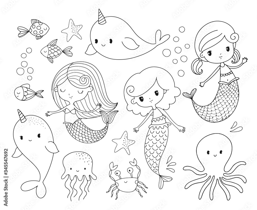 Cute mermaid coloring page in black and white little mermaid sea creatures and other under the sea elements vector illustration collection vector