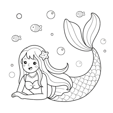 Premium vector cute little mermaid coloring page