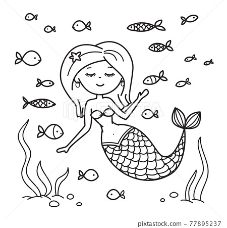 Vector little mermaid with fishes coloring page