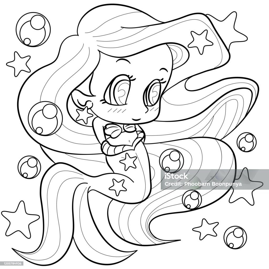 Cute cartoon little mermaid coloring page under water in the sea outline of cartoon girl mermaid vector illustration coloring book for kids stock illustration