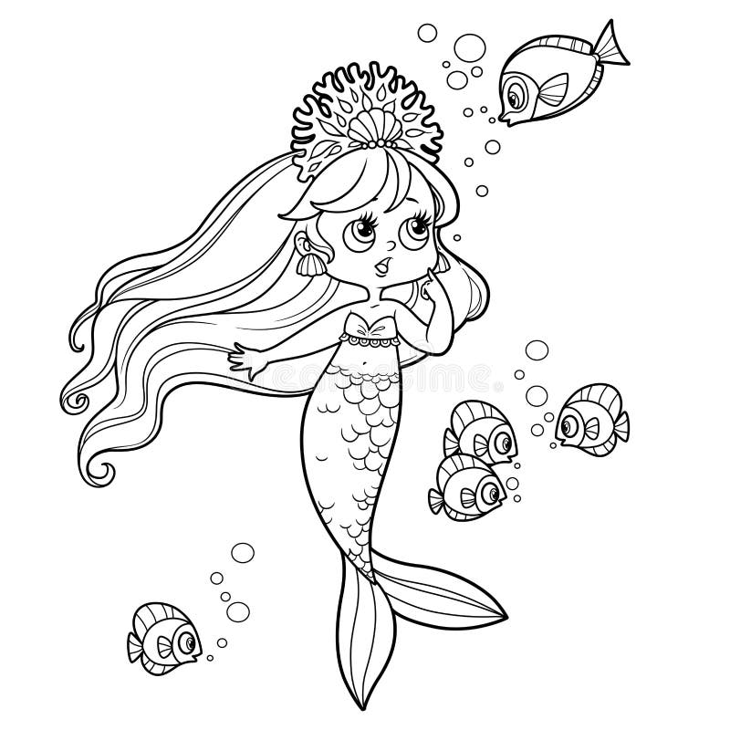 Little mermaid girl in coral tiara speaks with fish outlined for coloring page isolated on white background stock vector