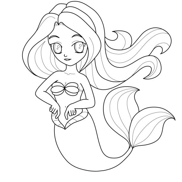 Coloring page line art of cute little mermaid underwater world black and white vector illustration for coloring book for design prints posters cartoon magic young girl undersea stock illustration