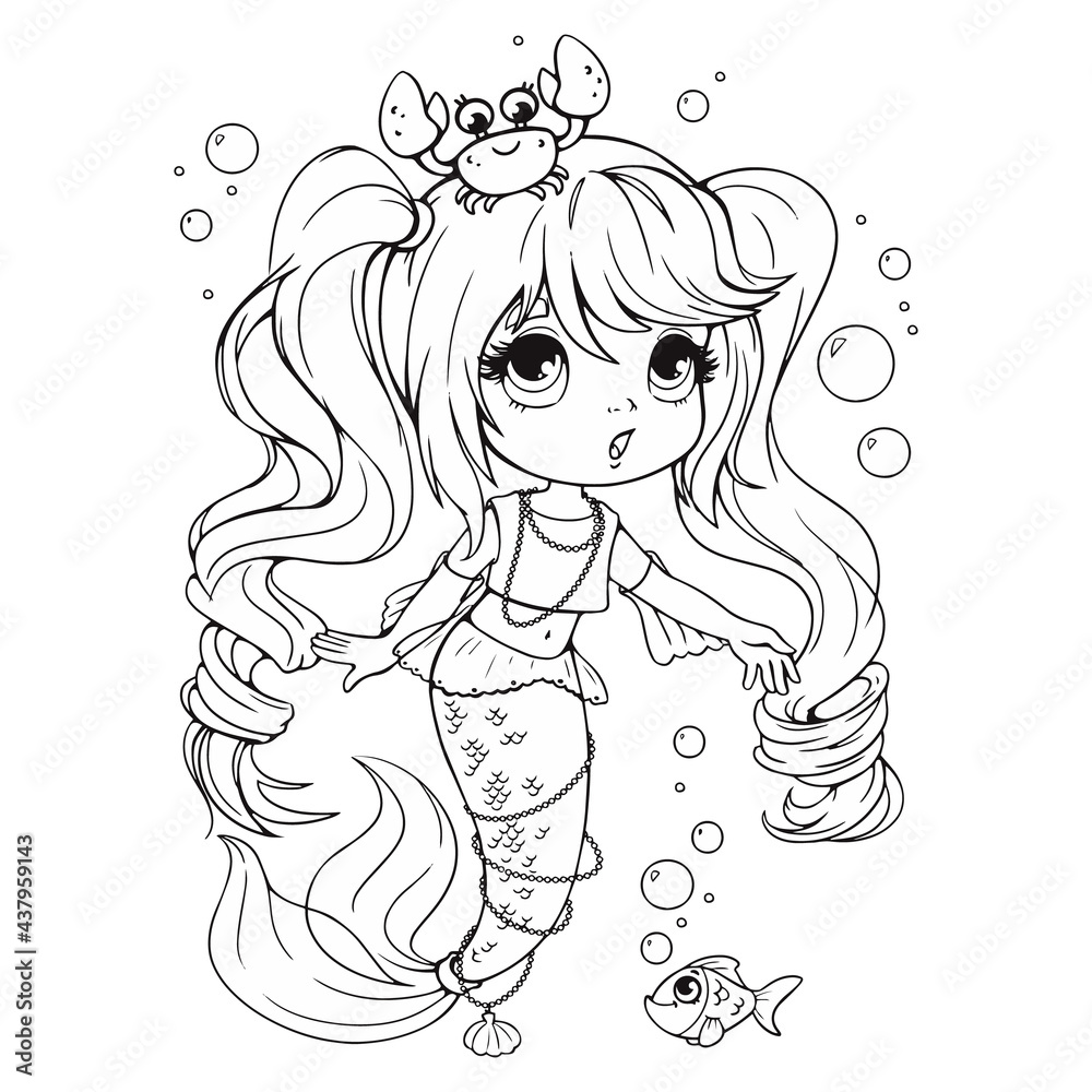 Cute little mermaid with a crab on her head coloring book coloring book for girls with a beautiful little mermaid vector line illustration in cartoon childish style isolated clipart on white