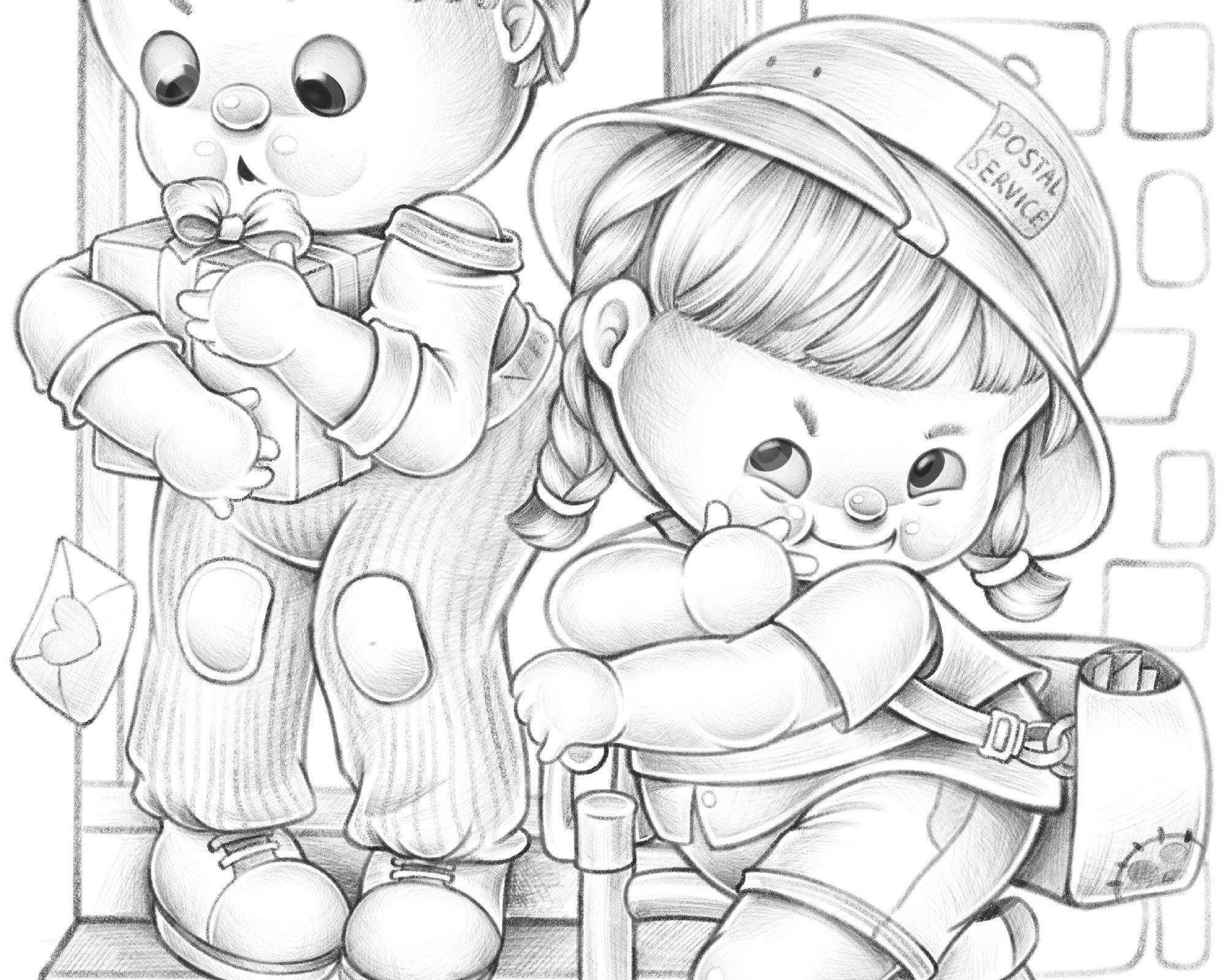 Care packages cute coloring page for kids and adults printable greyscale coloring book page valentine love couple boy and girl street download now