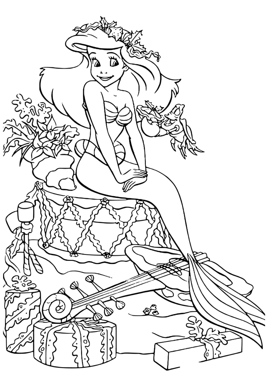 Free printable the little mermaid gifts coloring page for adults and kids