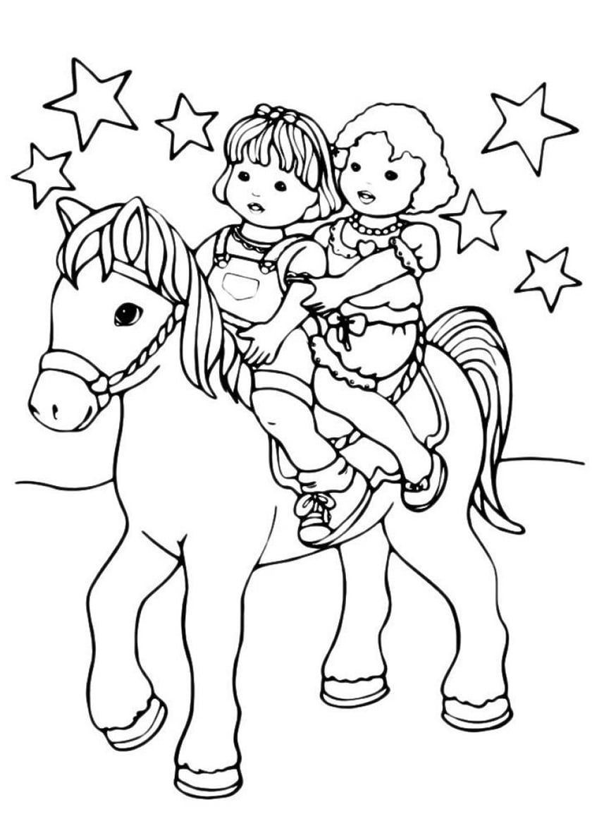 Drawing of children riding a pony coloring page