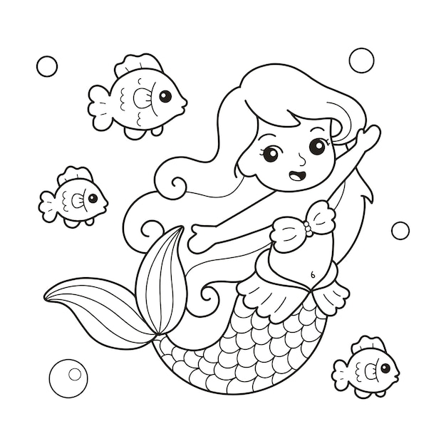 Premium vector beautiful little mermaid with fish printable coloring page