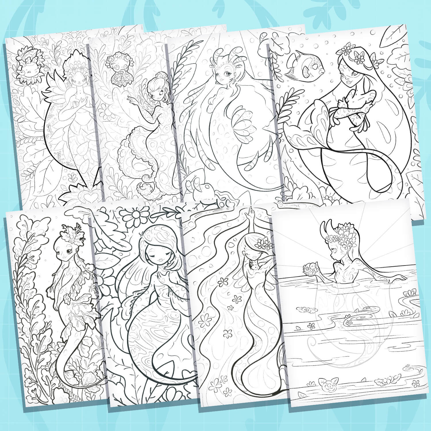 Printable mermaid coloring page bundle evy benita