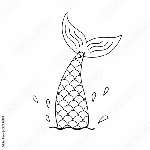 Hand drawn silhouette of mermaid tail in water with sea spray vector line illustration isolated on white background contour graphic tattoo or outline print for coloring page vector