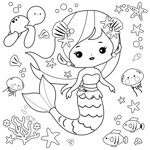 Beautiful mermaid and sea animals vector black and white coloring page stock illustration