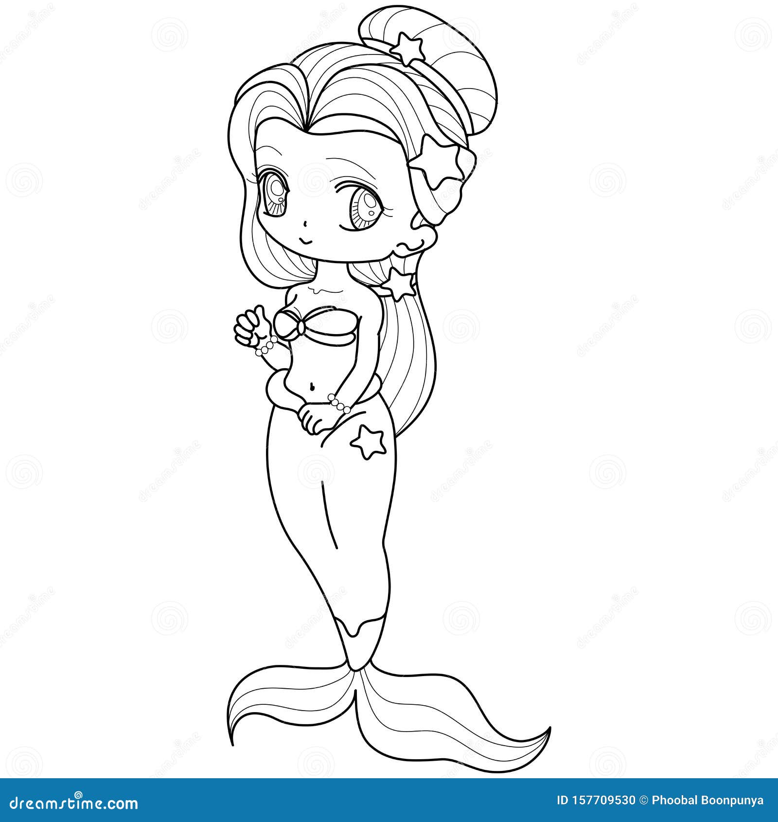 Cute little mermaid underwater world coloring book page for kids collection of design element outline kawaii anime chibi style stock vector