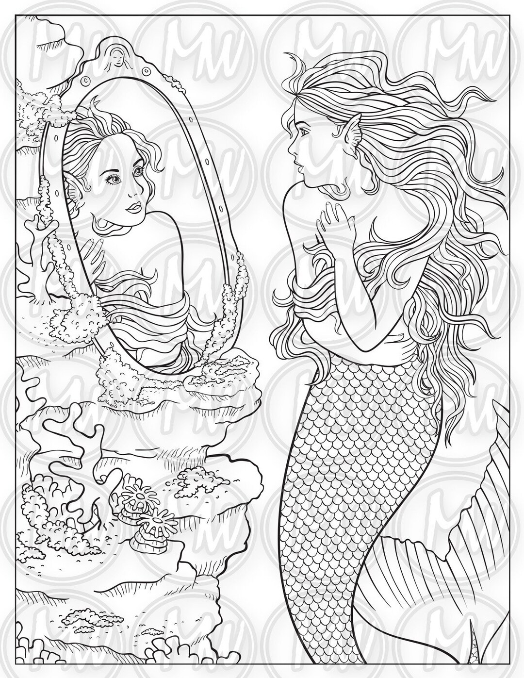 Reflection adult coloring page mermaid fantasy instant download