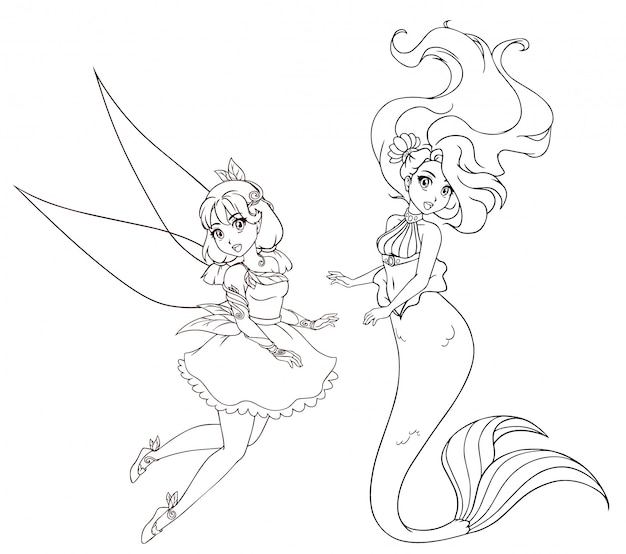 Premium vector set of two anime style characters mermaid and fairy hand drawn illustration on a white background for coloring book tattoo card t