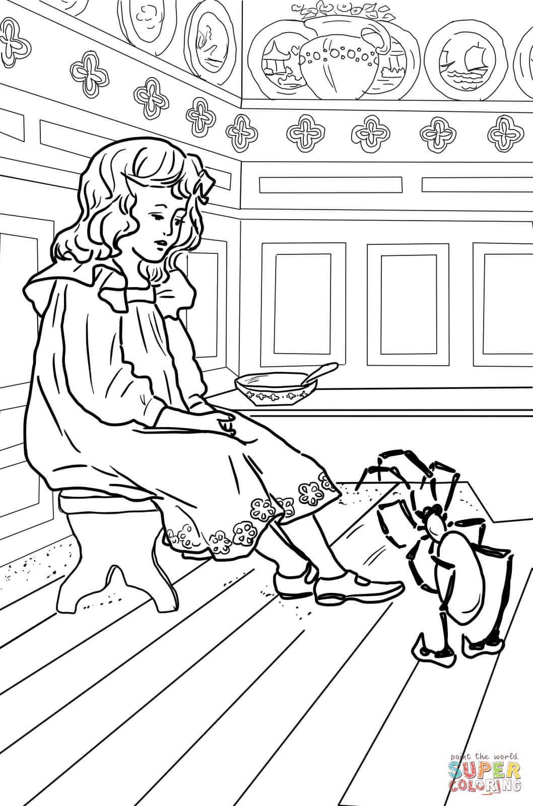 Little miss muffet coloring page free printable coloring pages