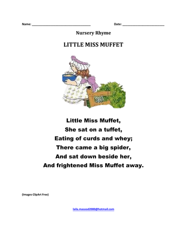 Nursery rhyme little miss muffet with colouring page teaching resources