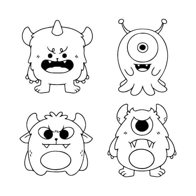 Premium vector adorable little monsters coloring page doodle illustration