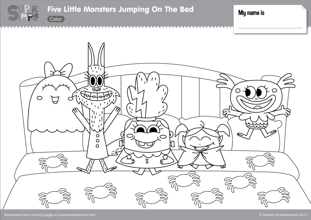 Five little monsters jumping in the bed coloring pages